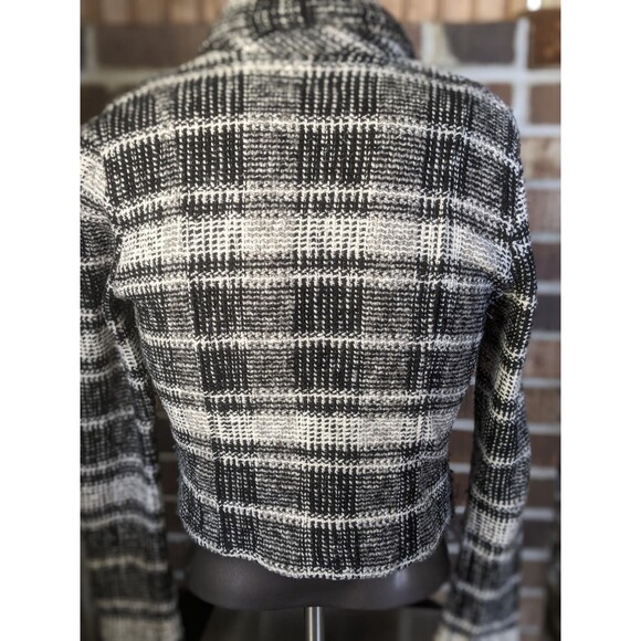 Lucky Brand Black White Plaid Woven Angle Zipper Crop Blazer Jacket Sz L Classy - Picture 6 of 11